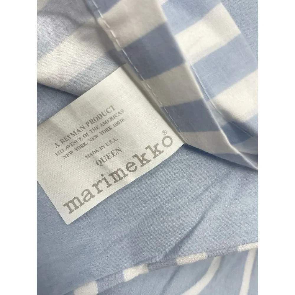 Vintage Marimekko Queen Flat Sheet Revman Product Blue White Stripe Cotton Blend